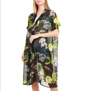 Navy Floral Print Long Kimono Vest